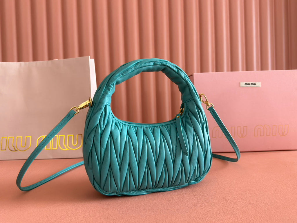 MIU MIU WANDER MATELASSÉ HANDBAG 23 IN LAGOON BLUE LAMBSKIN