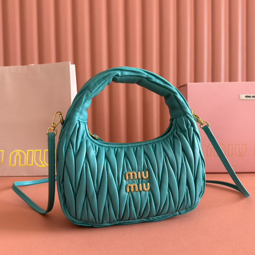 MIU MIU WANDER MATELASSÉ HANDBAG 23 IN LAGOON BLUE LAMBSKIN