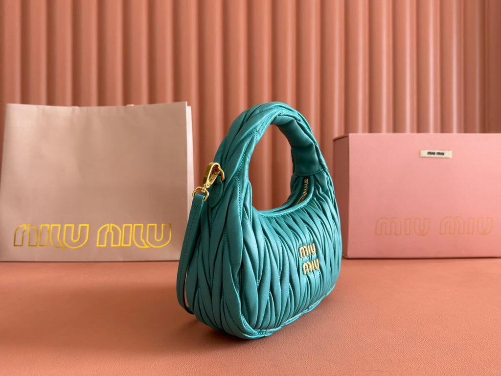 MIU MIU WANDER MATELASSÉ HANDBAG 23 IN LAGOON BLUE LAMBSKIN