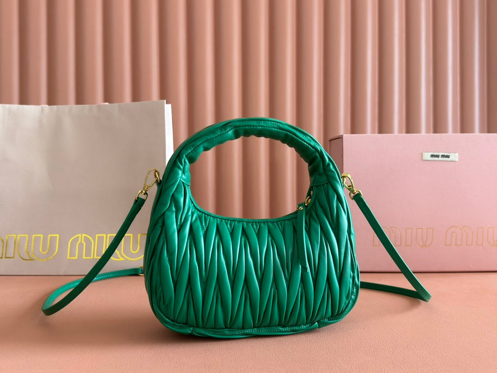 MIU MIU WANDER MATELASSÉ HANDBAG 23 IN PINE GREEN LAMBSKIN