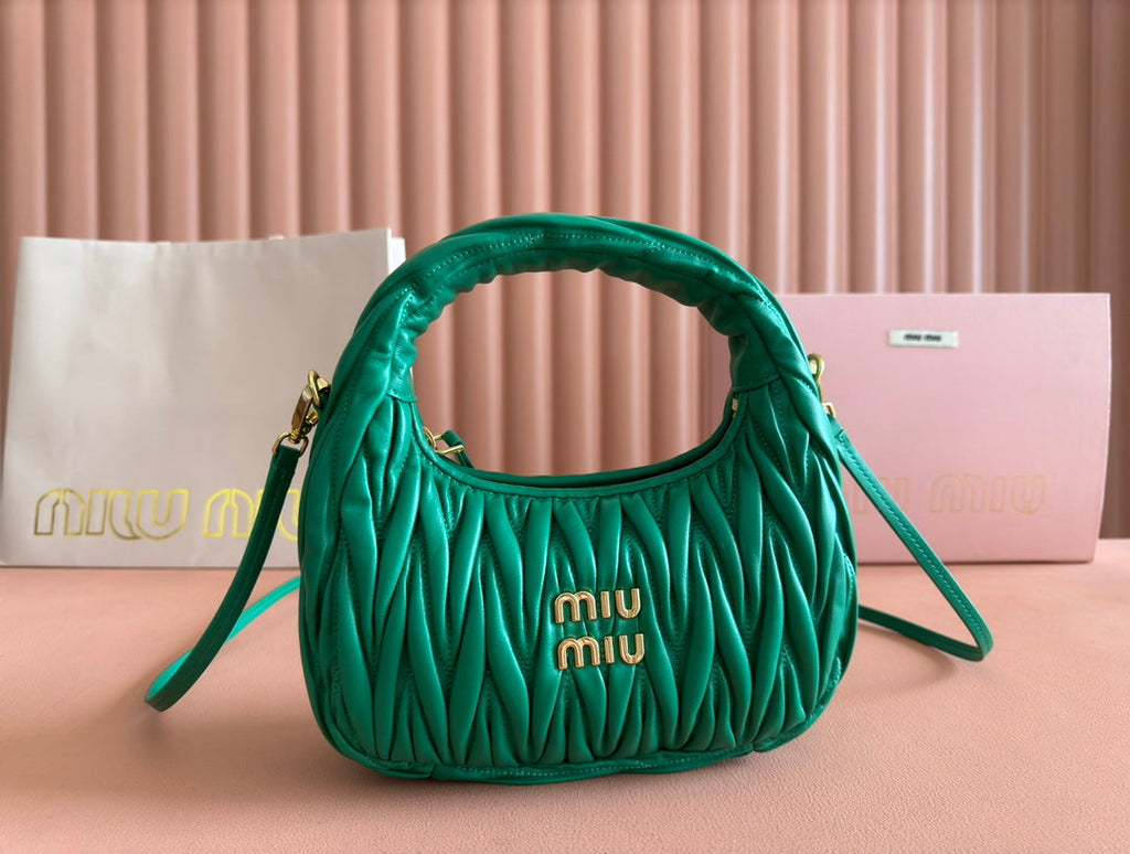 MIU MIU WANDER MATELASSÉ HANDBAG 23 IN PINE GREEN LAMBSKIN