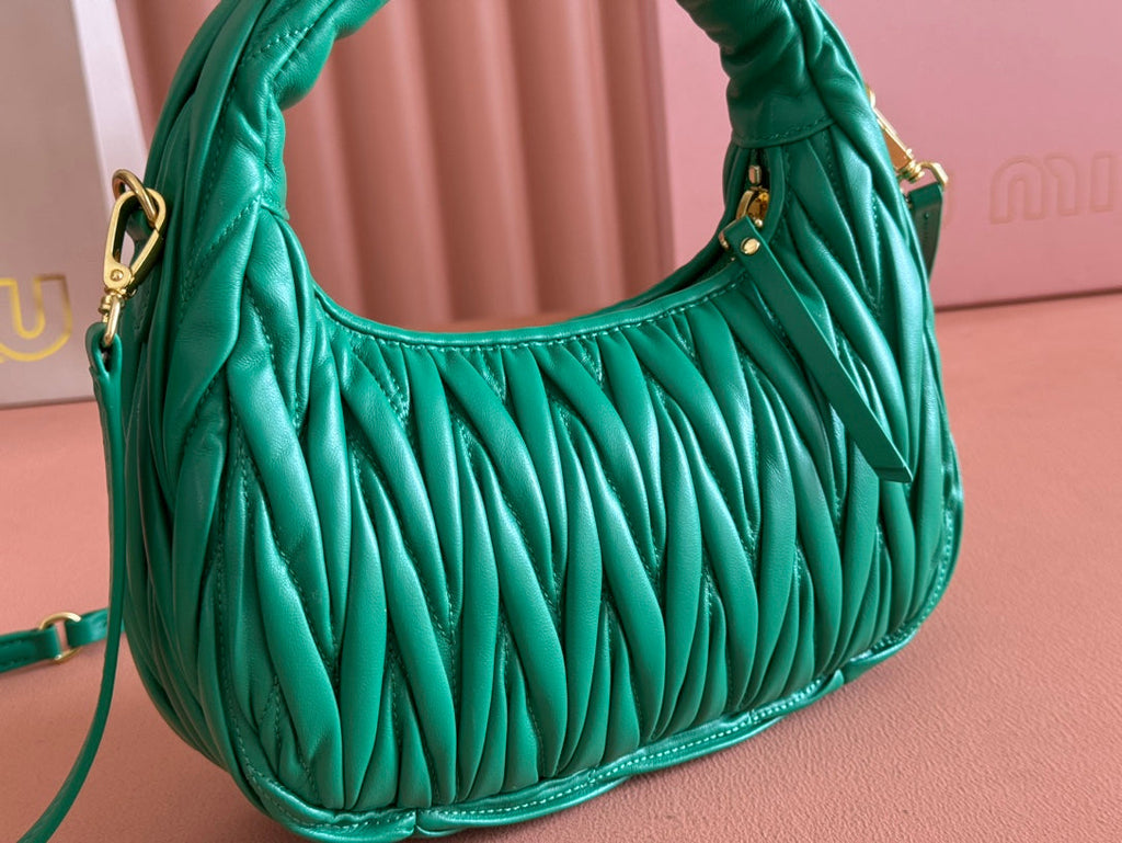 MIU MIU WANDER MATELASSÉ HANDBAG 23 IN PINE GREEN LAMBSKIN