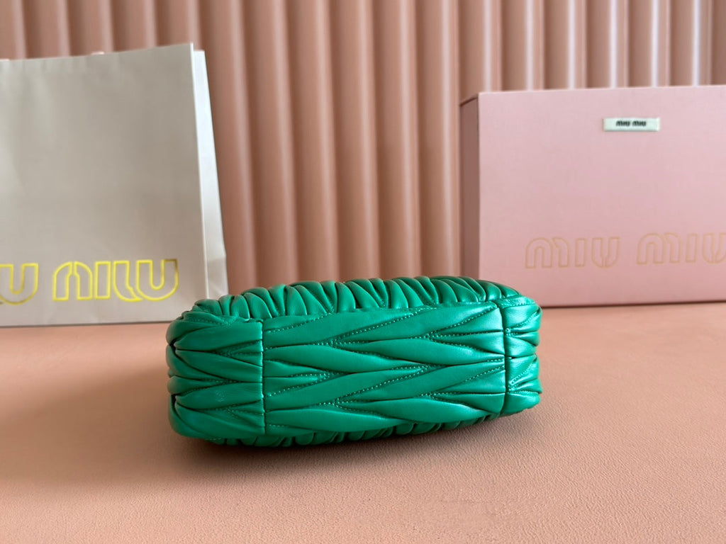 MIU MIU WANDER MATELASSÉ HANDBAG 23 IN PINE GREEN LAMBSKIN