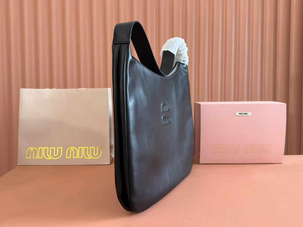 MIU MIU LARGE HOBO TOTE BAG 60 IN BLACK CALFSKIN