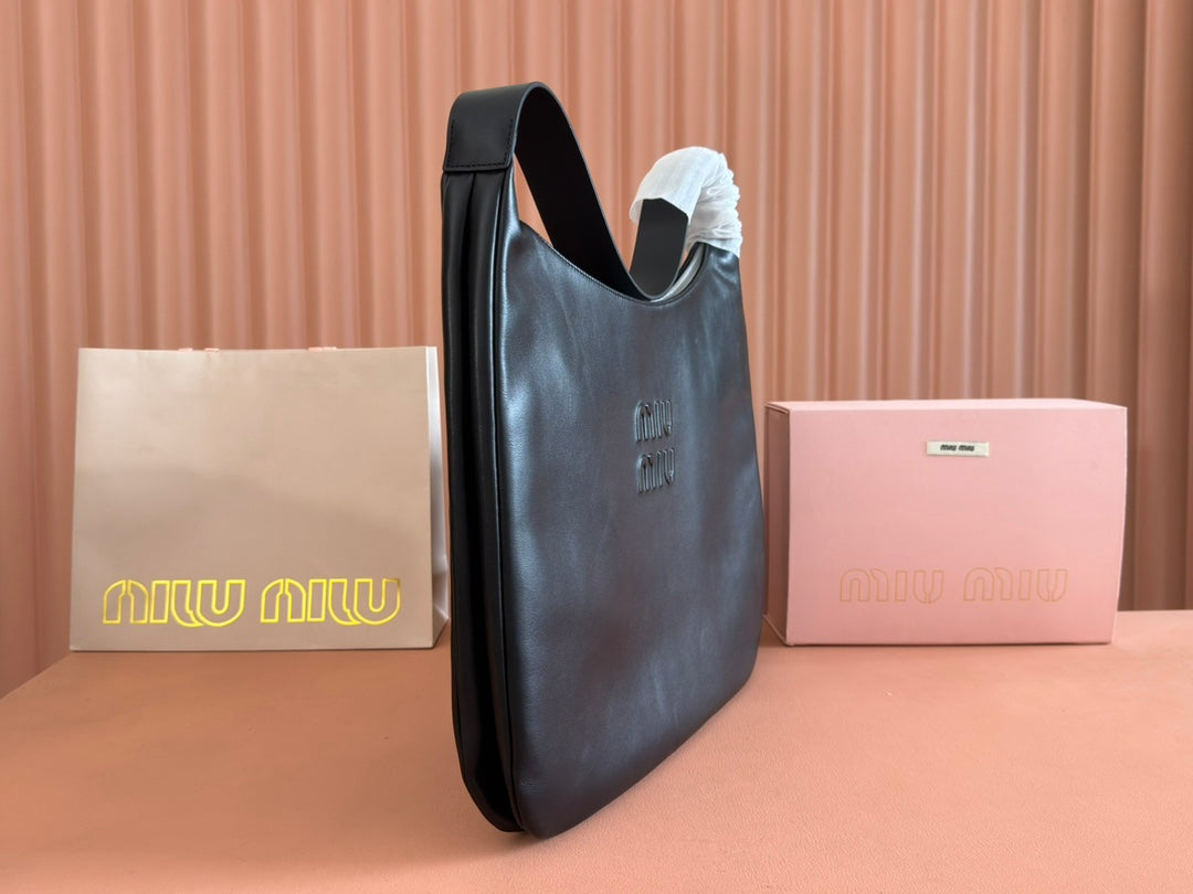 MIU MIU LARGE HOBO TOTE BAG 60 IN BLACK CALFSKIN