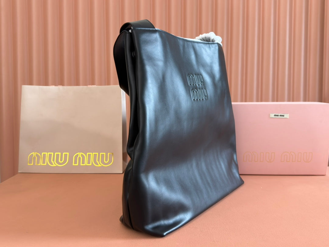 MIU MIU LARGE HOBO TOTE BAG 46 IN BLACK CALFSKIN