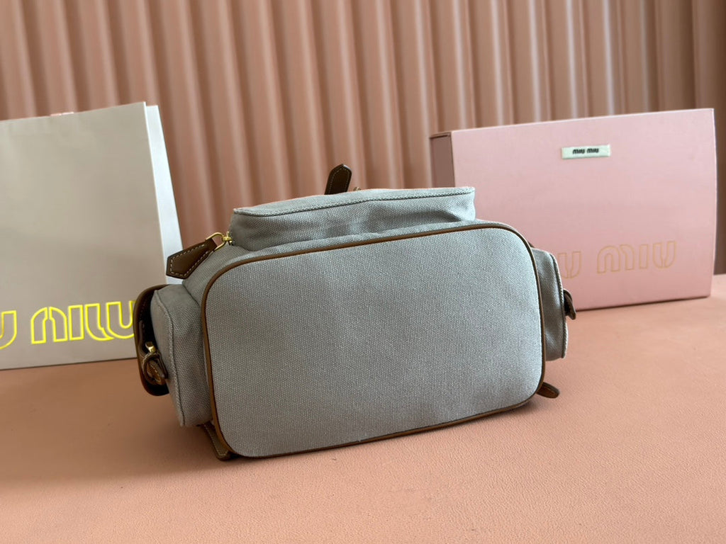 MIU MIU MEDIUM BACKPACK 29.5 IN GREY CANVAS BROWN CALFSKIN