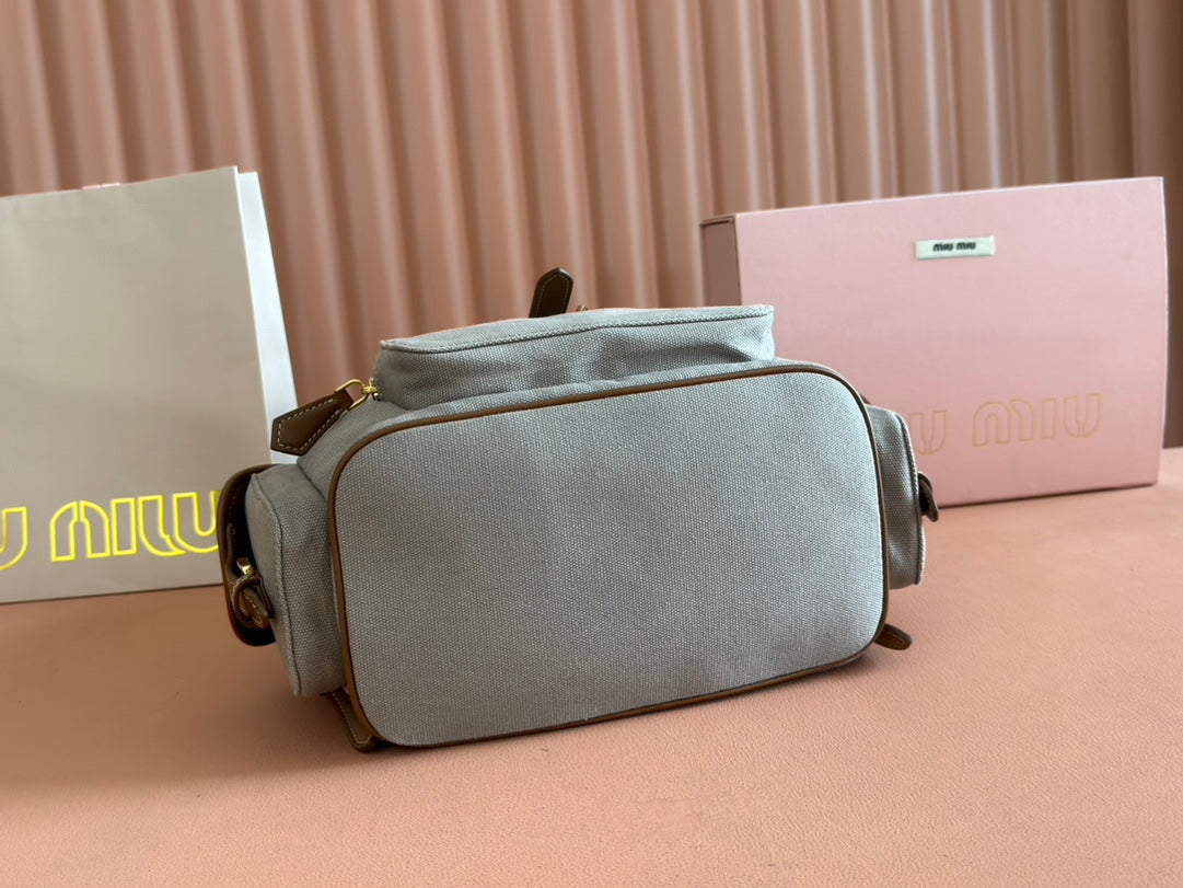 MIU MIU MEDIUM BACKPACK 29.5 IN GREY CANVAS BROWN CALFSKIN