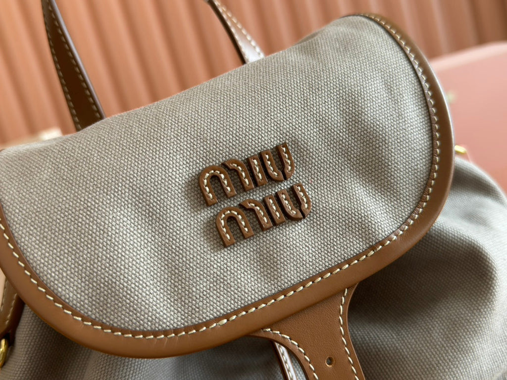MIU MIU MEDIUM BACKPACK 29.5 IN GREY CANVAS BROWN CALFSKIN
