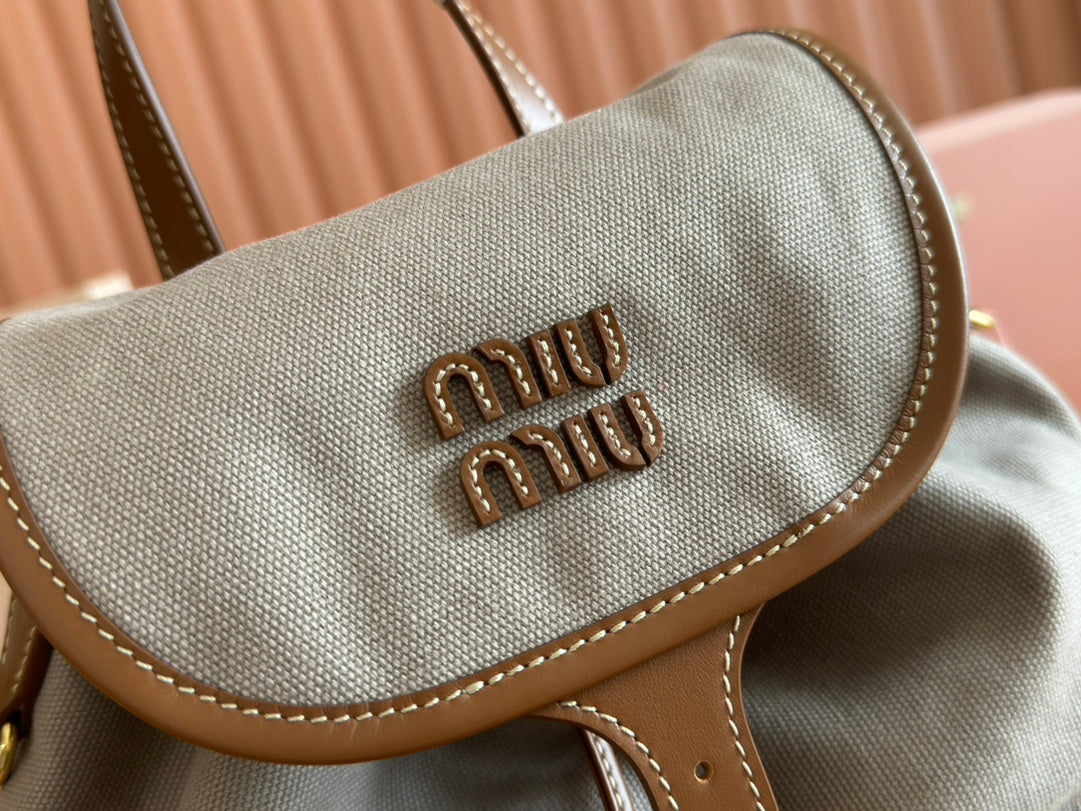 MIU MIU MEDIUM BACKPACK 29.5 IN GREY CANVAS BROWN CALFSKIN