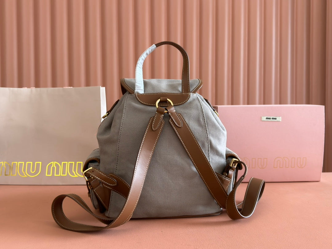 MIU MIU MEDIUM BACKPACK 29.5 IN GREY CANVAS BROWN CALFSKIN