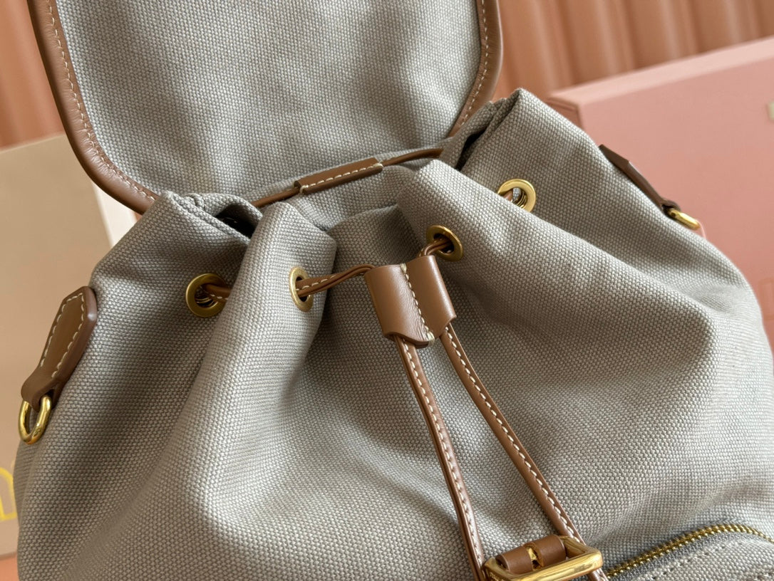 MIU MIU MEDIUM BACKPACK 29.5 IN GREY CANVAS BROWN CALFSKIN