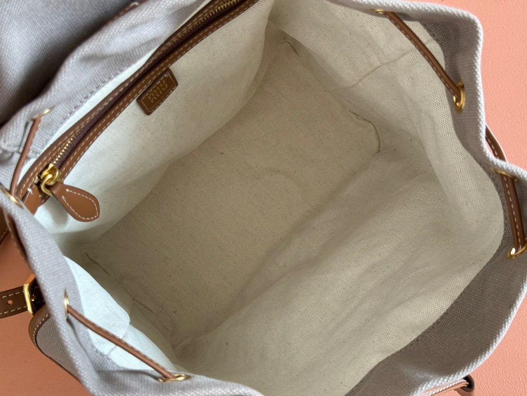 MIU MIU MEDIUM BACKPACK 29.5 IN GREY CANVAS BROWN CALFSKIN