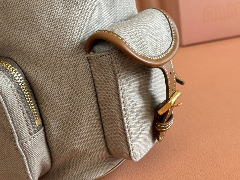 MIU MIU MEDIUM BACKPACK 29.5 IN GREY CANVAS BROWN CALFSKIN