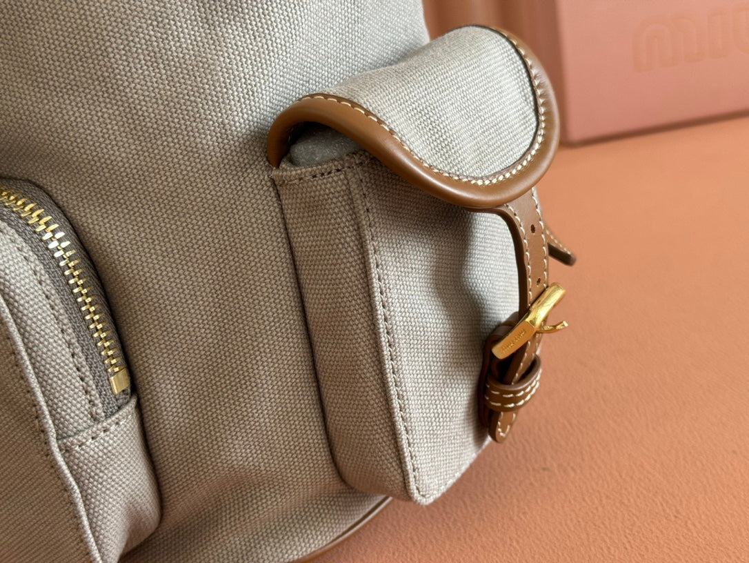 MIU MIU MEDIUM BACKPACK 29.5 IN GREY CANVAS BROWN CALFSKIN