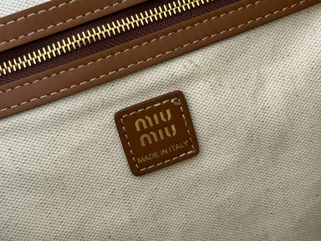 MIU MIU MEDIUM BACKPACK 29.5 IN GREY CANVAS BROWN CALFSKIN