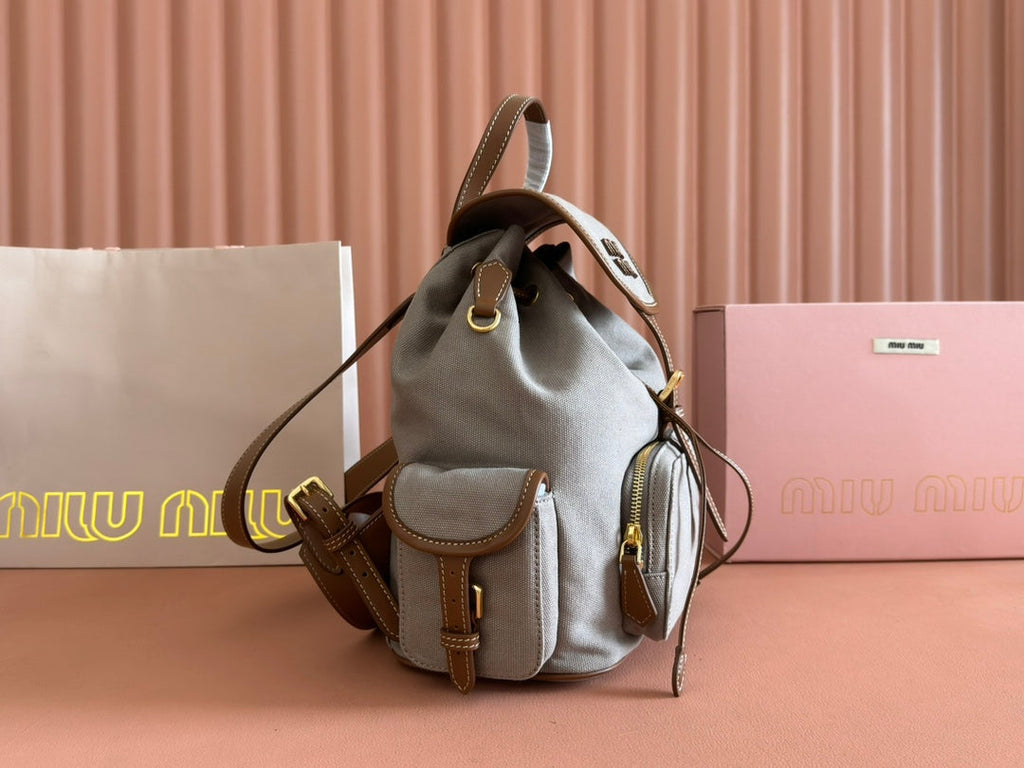 MIU MIU MEDIUM BACKPACK 29.5 IN GREY CANVAS BROWN CALFSKIN