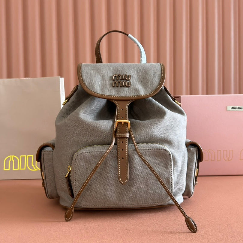MIU MIU MEDIUM BACKPACK 29.5 IN GREY CANVAS BROWN CALFSKIN