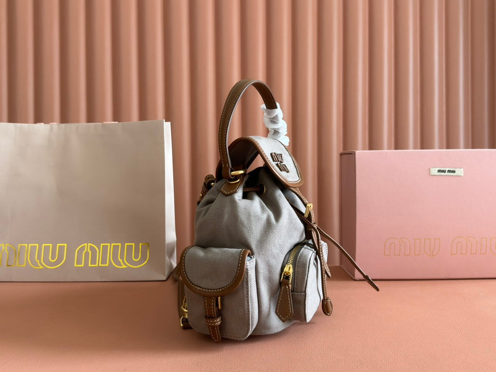 MIU MIU BACKPACK 22 IN GREY CANVAS BROWN CALFSKIN