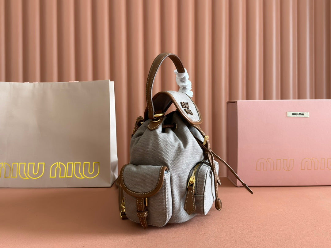 MIU MIU BACKPACK 22 IN GREY CANVAS BROWN CALFSKIN