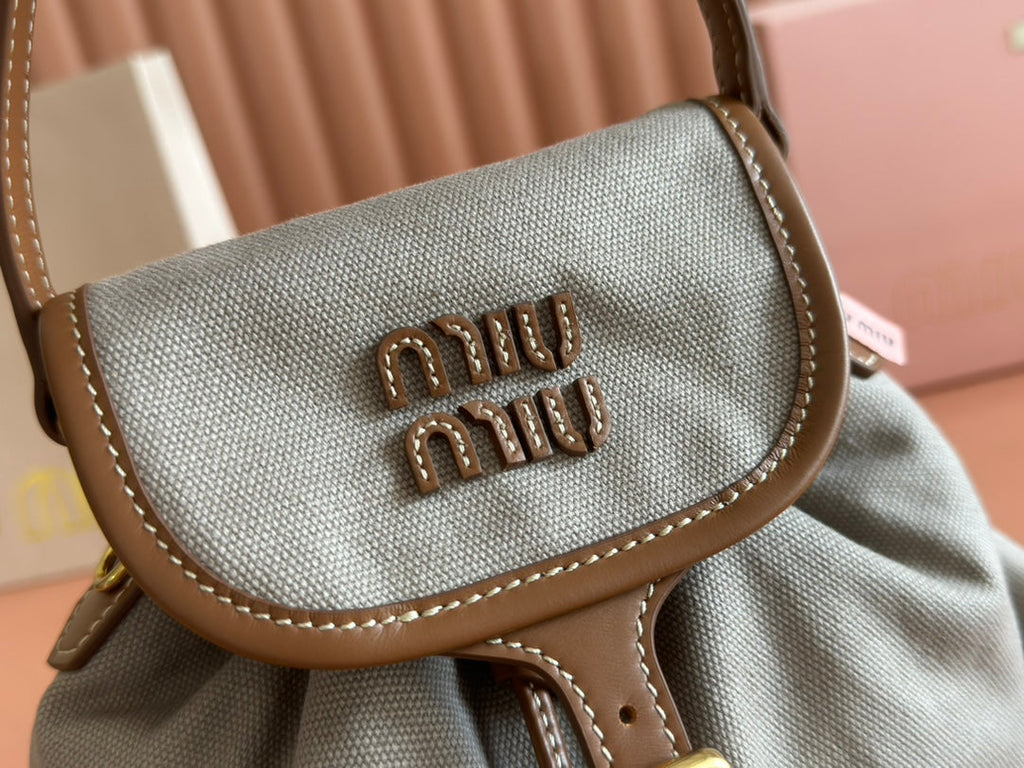 MIU MIU BACKPACK 22 IN GREY CANVAS BROWN CALFSKIN