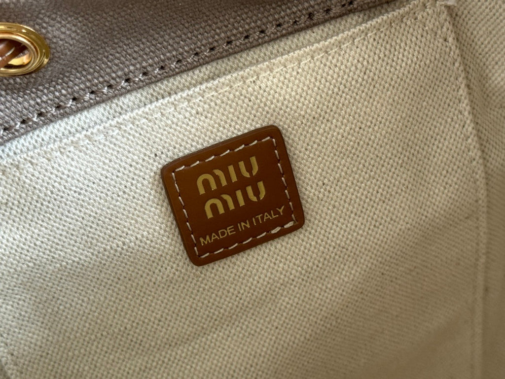 MIU MIU BACKPACK 22 IN GREY CANVAS BROWN CALFSKIN