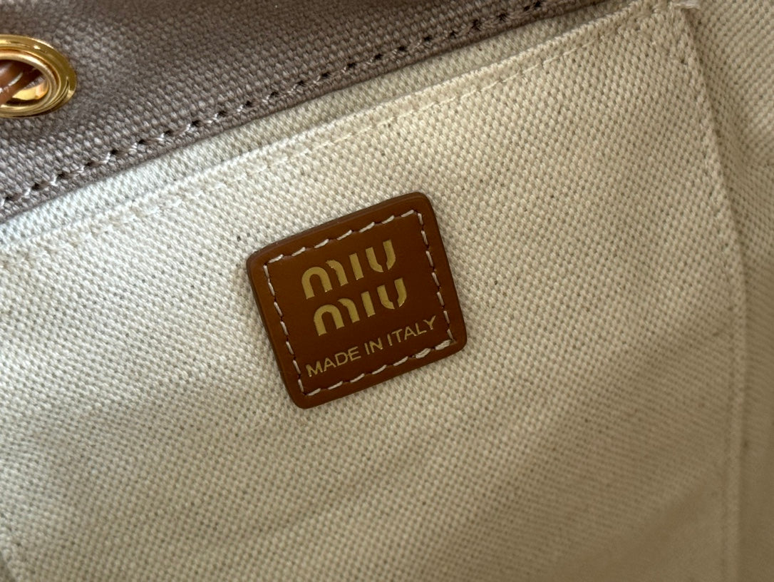 MIU MIU BACKPACK 22 IN GREY CANVAS BROWN CALFSKIN