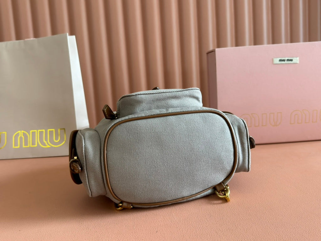 MIU MIU BACKPACK 22 IN GREY CANVAS BROWN CALFSKIN