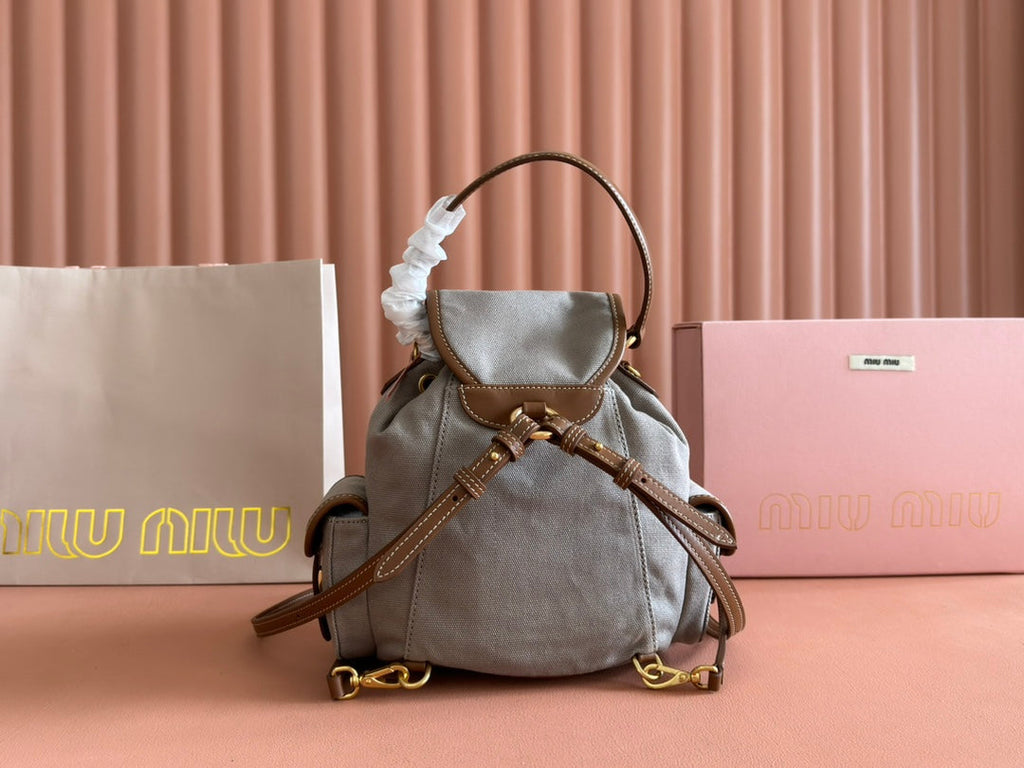 MIU MIU BACKPACK 22 IN GREY CANVAS BROWN CALFSKIN