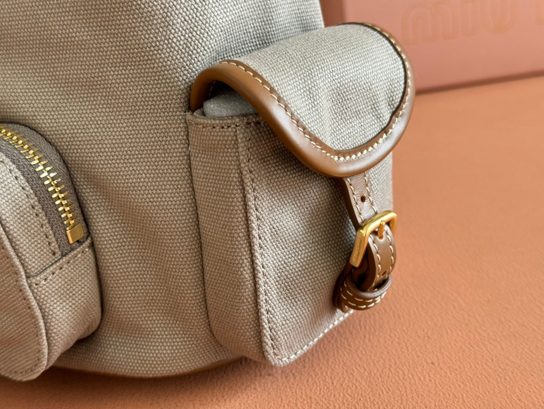 MIU MIU BACKPACK 22 IN GREY CANVAS BROWN CALFSKIN
