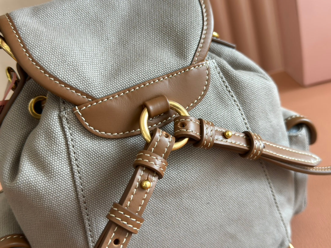 MIU MIU BACKPACK 22 IN GREY CANVAS BROWN CALFSKIN
