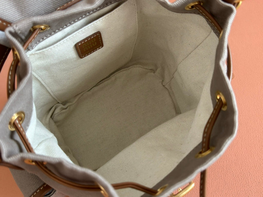 MIU MIU BACKPACK 22 IN GREY CANVAS BROWN CALFSKIN