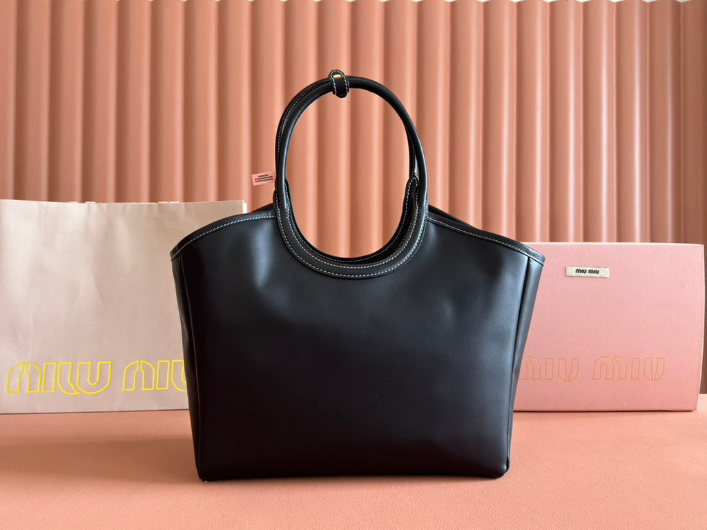 MIU MIU LARGE HOBO 28 TOTE IN BLACK CALFSKIN