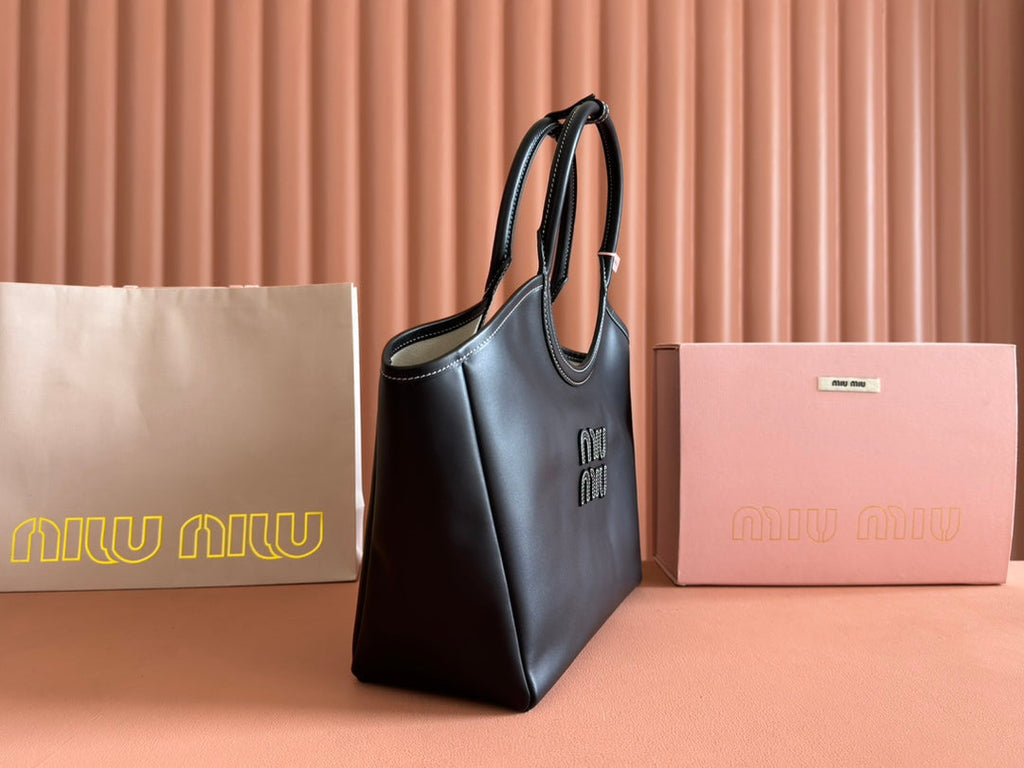 MIU MIU LARGE HOBO 28 TOTE IN BLACK CALFSKIN