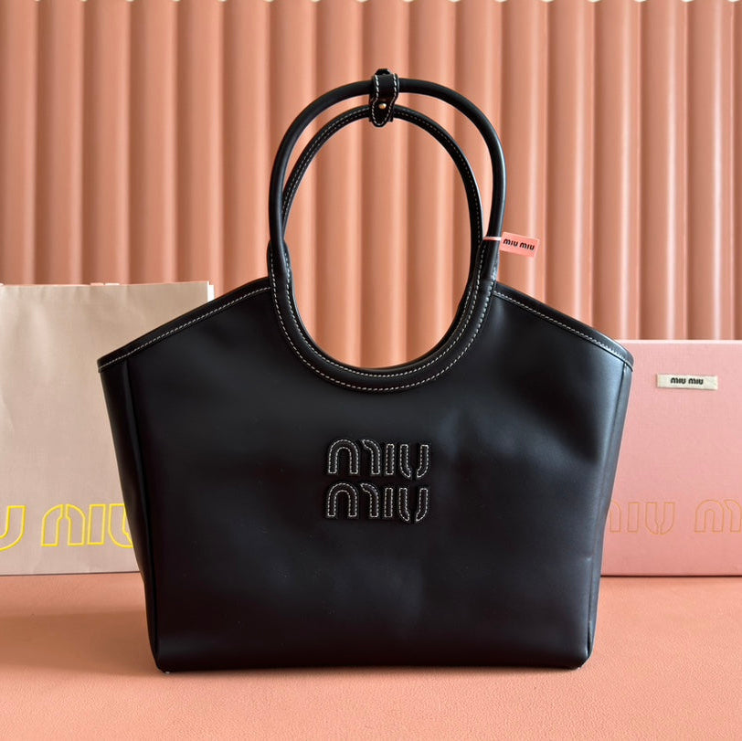 MIU MIU LARGE HOBO 28 TOTE IN BLACK CALFSKIN