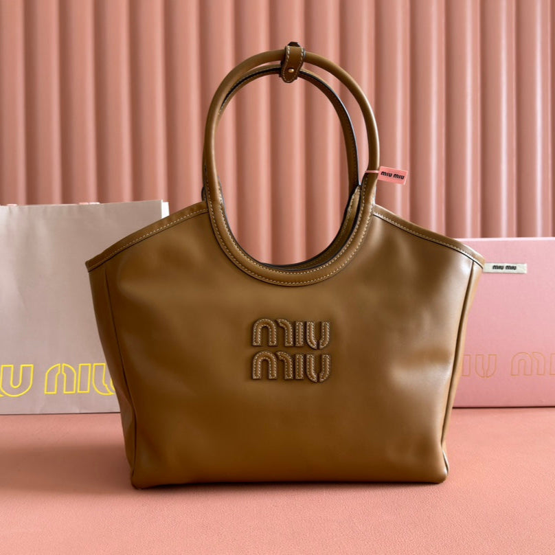 MIU MIU MIUHOBO TOTE 28 IN BROWN CALFSKIN FABRIC LINING GOLD LOCK