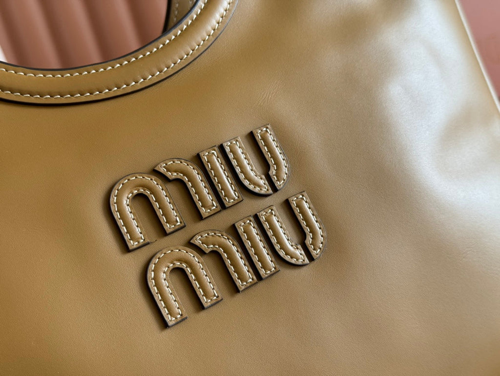MIU MIU MIUHOBO TOTE 28 IN BROWN CALFSKIN FABRIC LINING GOLD LOCK