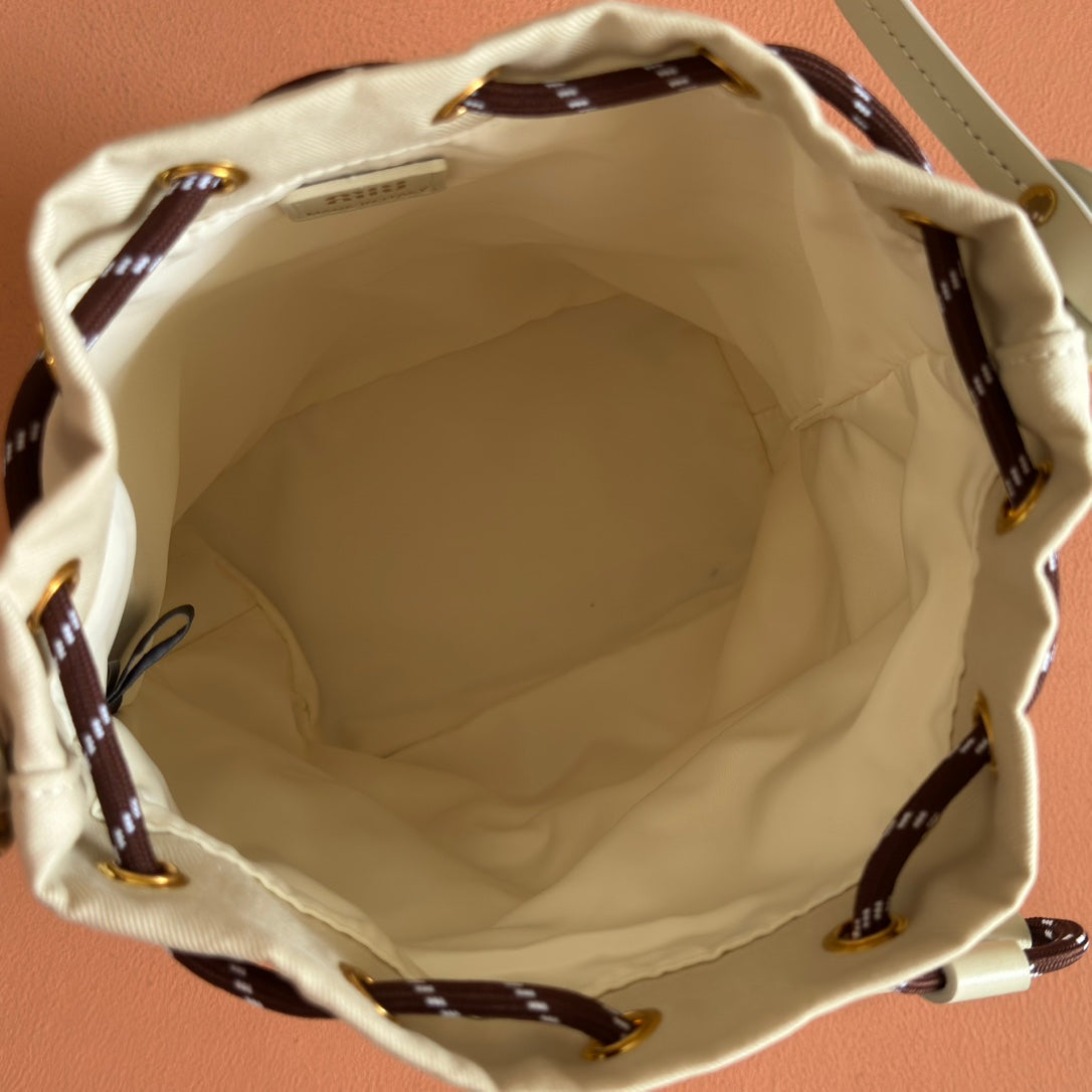 MIU MIU GABADINE POUCH 22.5 IN PLASTER WHITE CANVAS BROWN DRAWSTRING