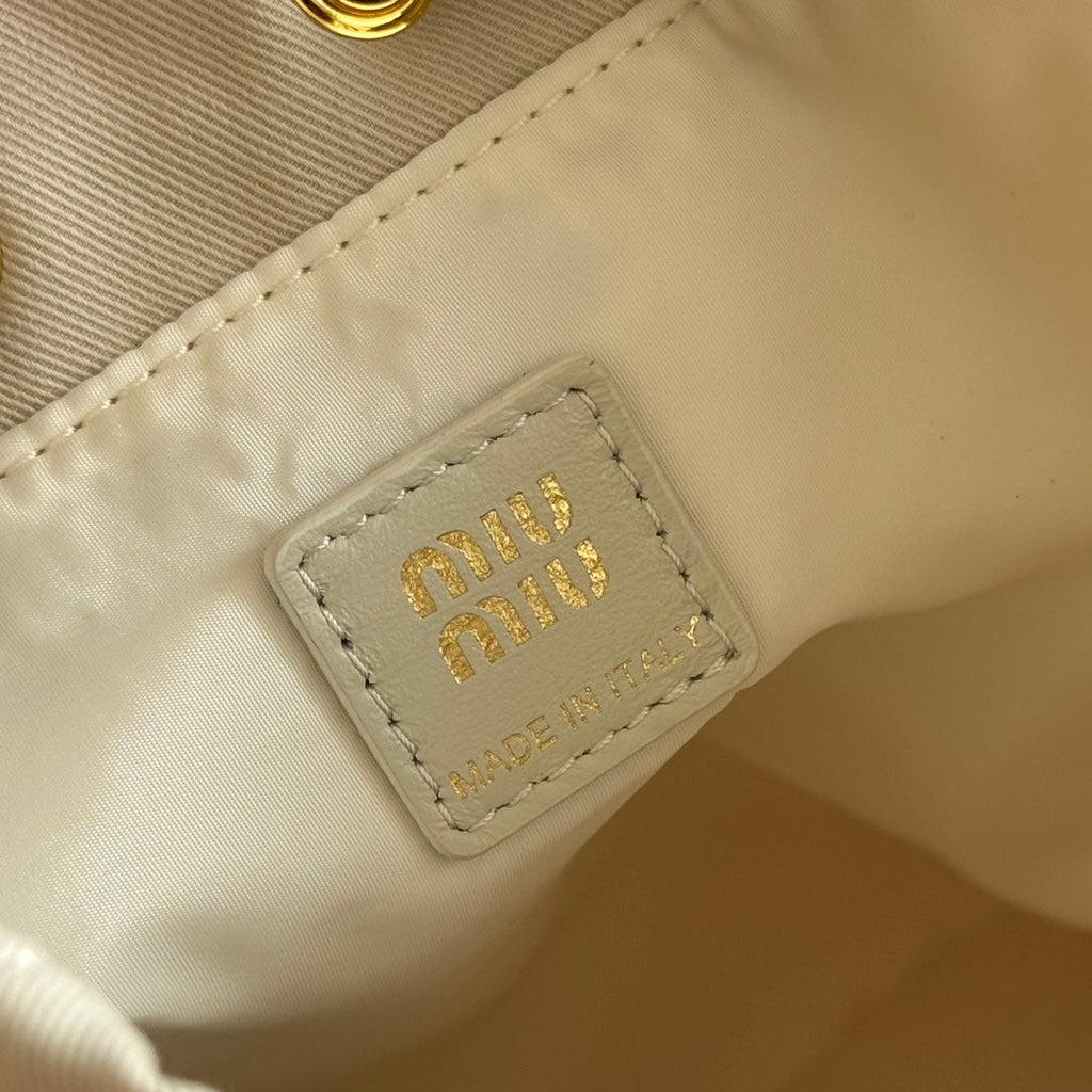 MIU MIU GABADINE POUCH 22.5 IN PLASTER WHITE CANVAS BROWN DRAWSTRING
