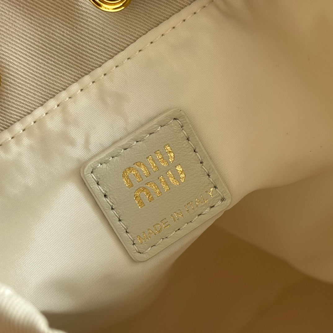 MIU MIU GABADINE POUCH 22.5 IN PLASTER WHITE CANVAS BROWN DRAWSTRING