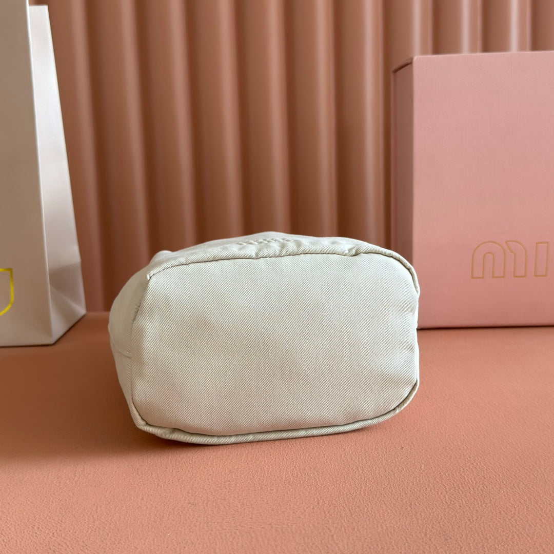 MIU MIU GABADINE POUCH 22.5 IN PLASTER WHITE CANVAS BROWN DRAWSTRING