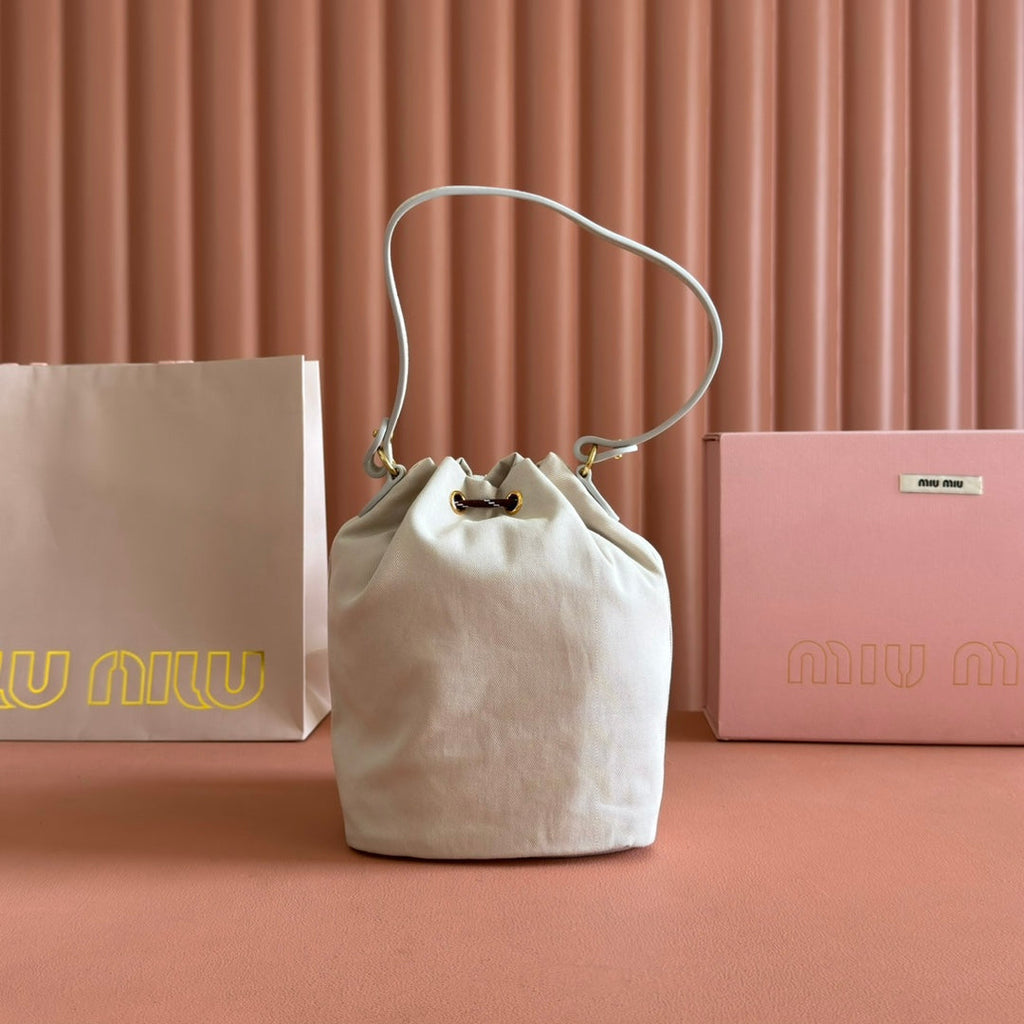 MIU MIU GABADINE POUCH 22.5 IN PLASTER WHITE CANVAS BROWN DRAWSTRING