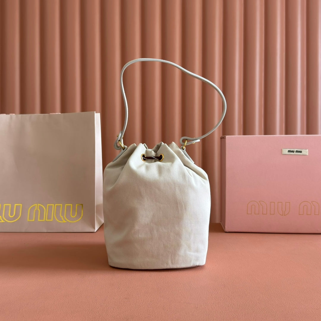 MIU MIU GABADINE POUCH 22.5 IN PLASTER WHITE CANVAS BROWN DRAWSTRING