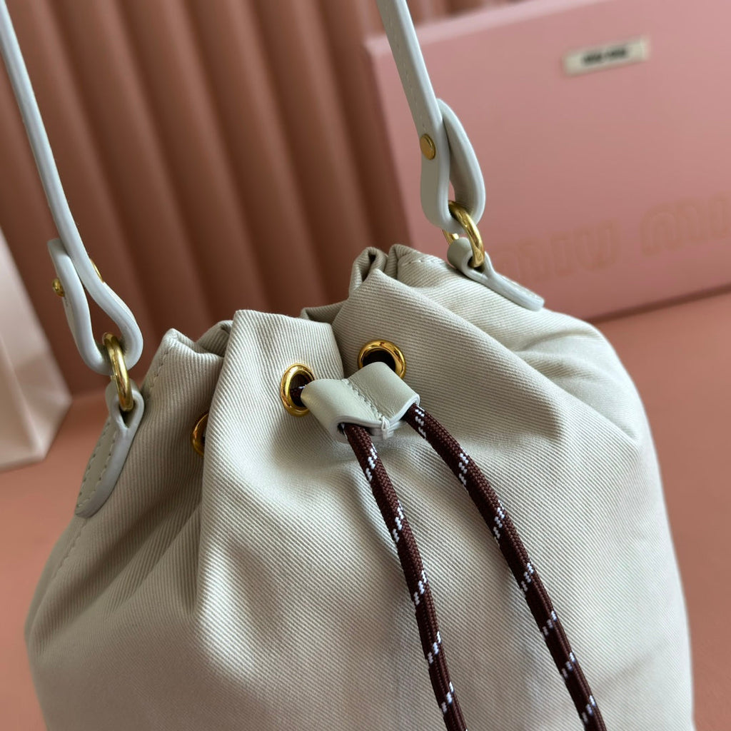 MIU MIU GABADINE POUCH 22.5 IN PLASTER WHITE CANVAS BROWN DRAWSTRING