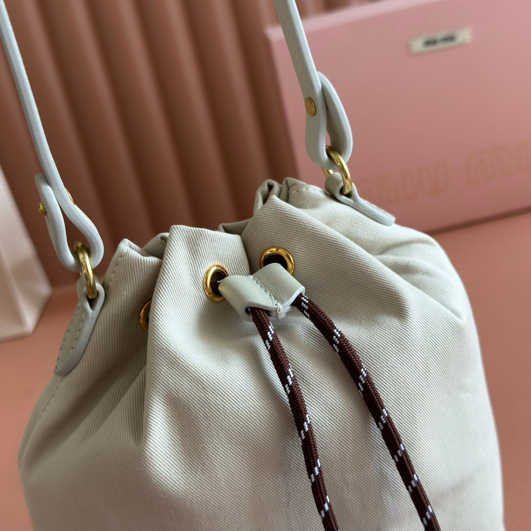MIU MIU GABADINE POUCH 22.5 IN PLASTER WHITE CANVAS BROWN DRAWSTRING