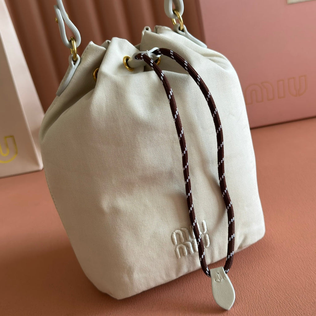 MIU MIU GABADINE POUCH 22.5 IN PLASTER WHITE CANVAS BROWN DRAWSTRING