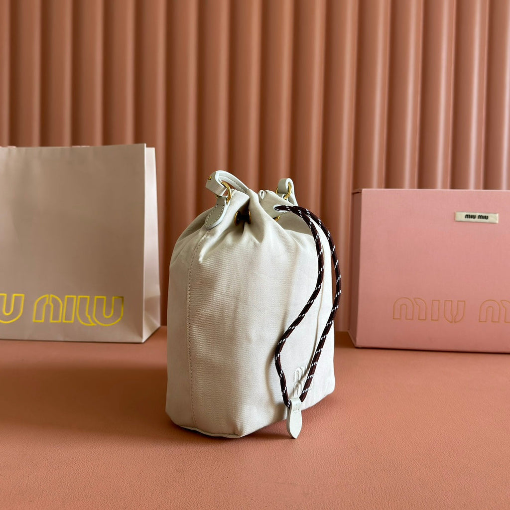 MIU MIU GABADINE POUCH 22.5 IN PLASTER WHITE CANVAS BROWN DRAWSTRING