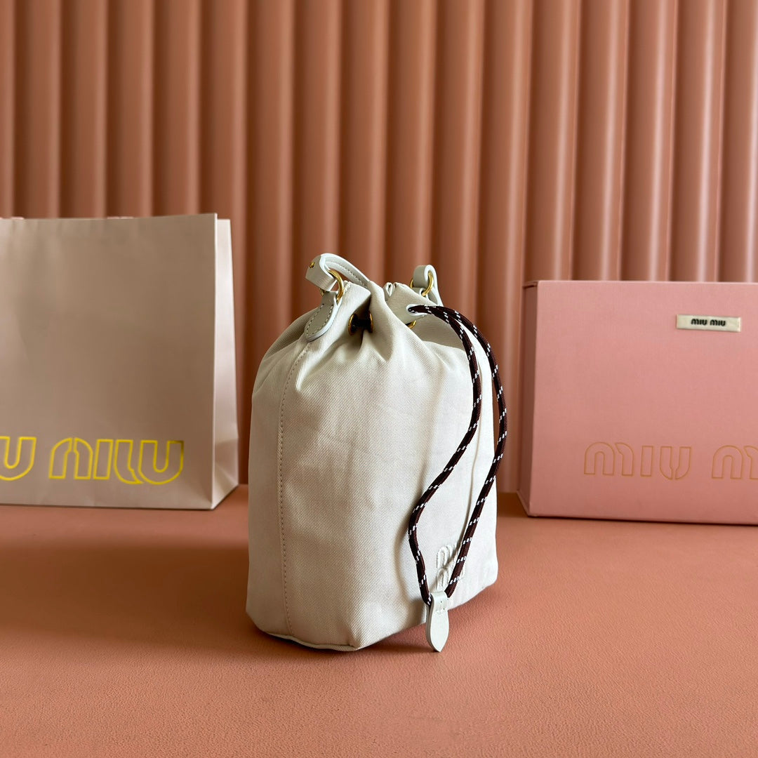MIU MIU GABADINE POUCH 22.5 IN PLASTER WHITE CANVAS BROWN DRAWSTRING
