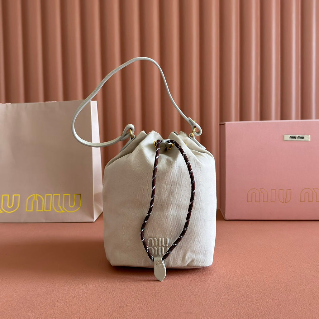 MIU MIU GABADINE POUCH 22.5 IN PLASTER WHITE CANVAS BROWN DRAWSTRING