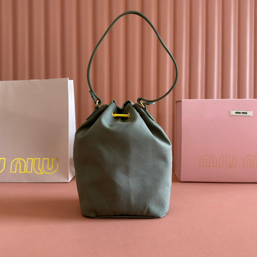 MIU MIU GABADINE POUCH 22.5 IN OLIVE GREEN CANVAS YELLOW DRAWSTRING